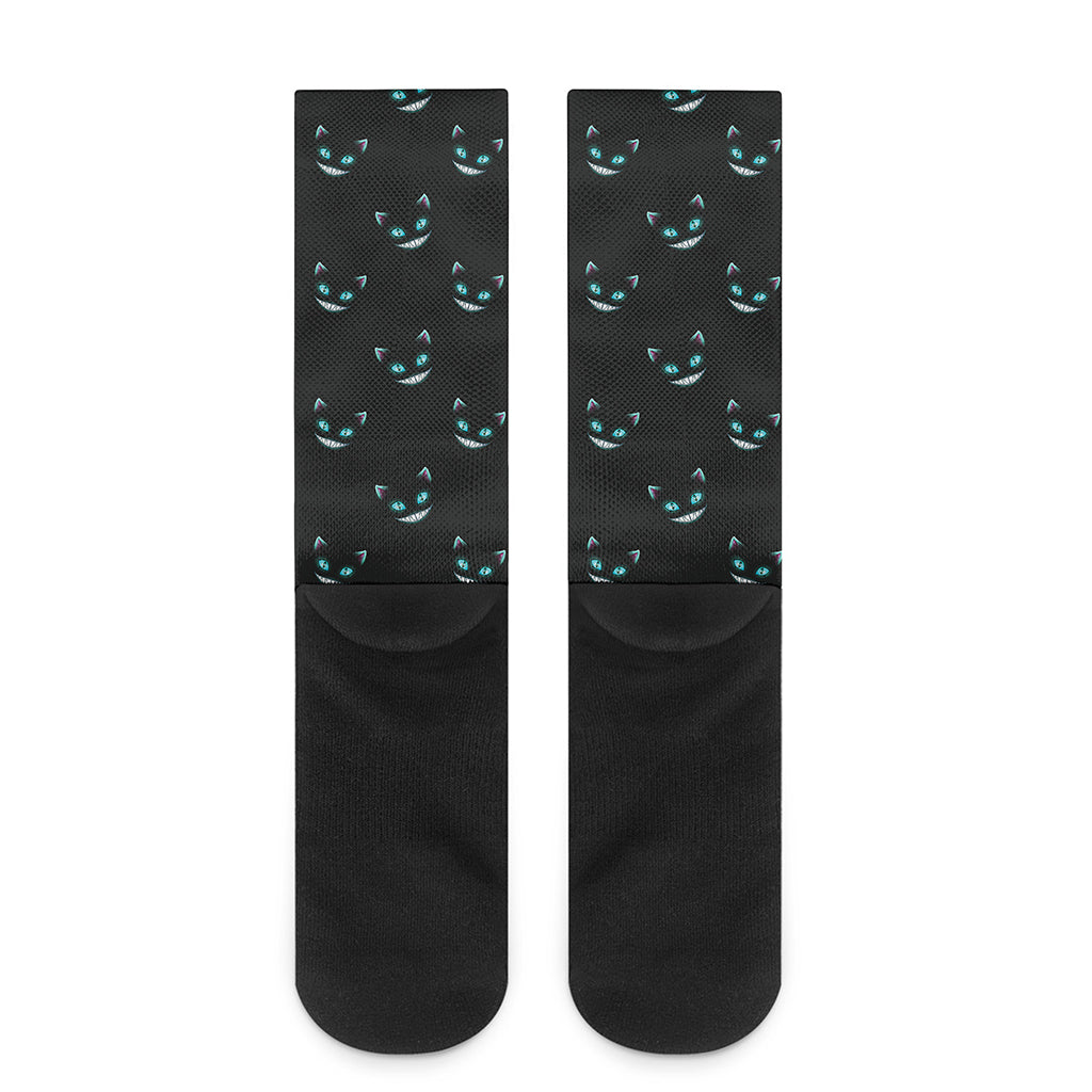 Black Cheshire Cat Pattern Print Crew Socks