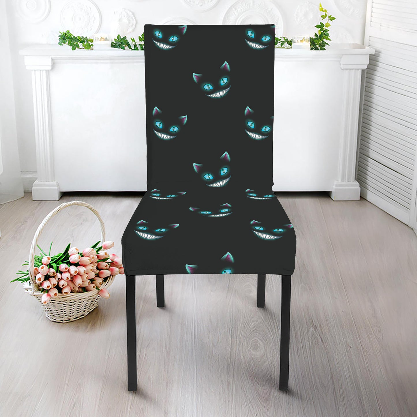 Black Cheshire Cat Pattern Print Dining Chair Slipcover