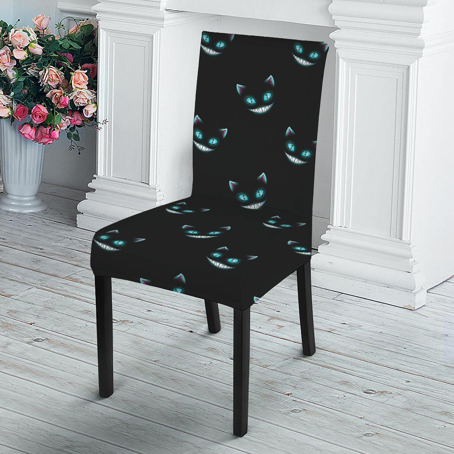 Black Cheshire Cat Pattern Print Dining Chair Slipcover