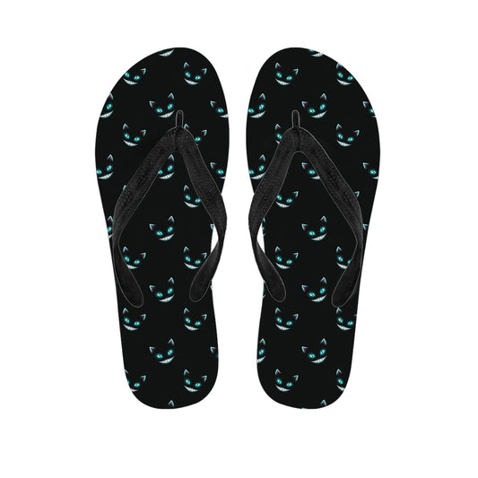 Black Cheshire Cat Pattern Print Flip Flops