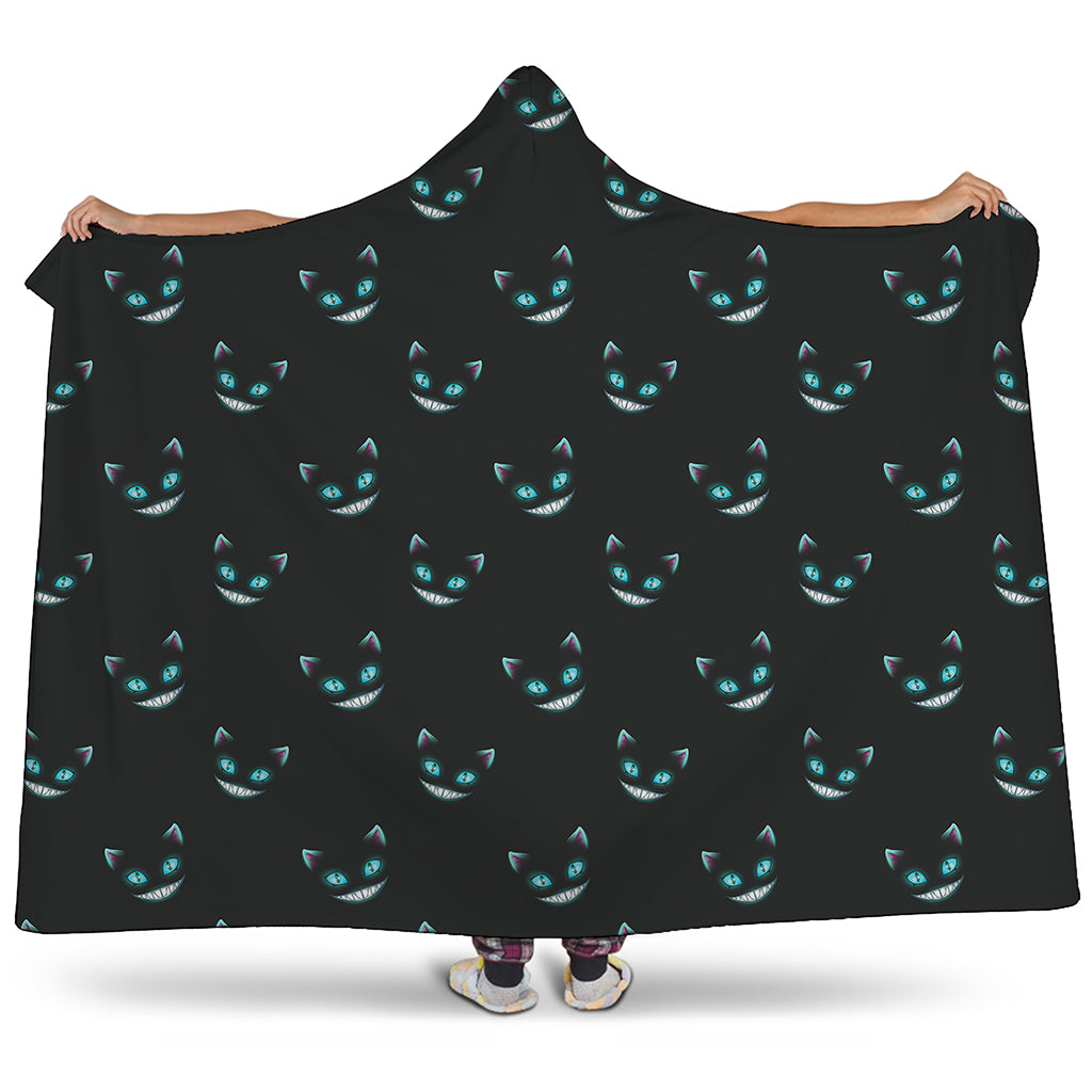 Black Cheshire Cat Pattern Print Hooded Blanket
