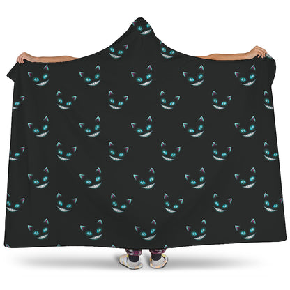 Black Cheshire Cat Pattern Print Hooded Blanket