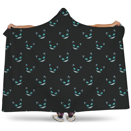Black Cheshire Cat Pattern Print Hooded Blanket