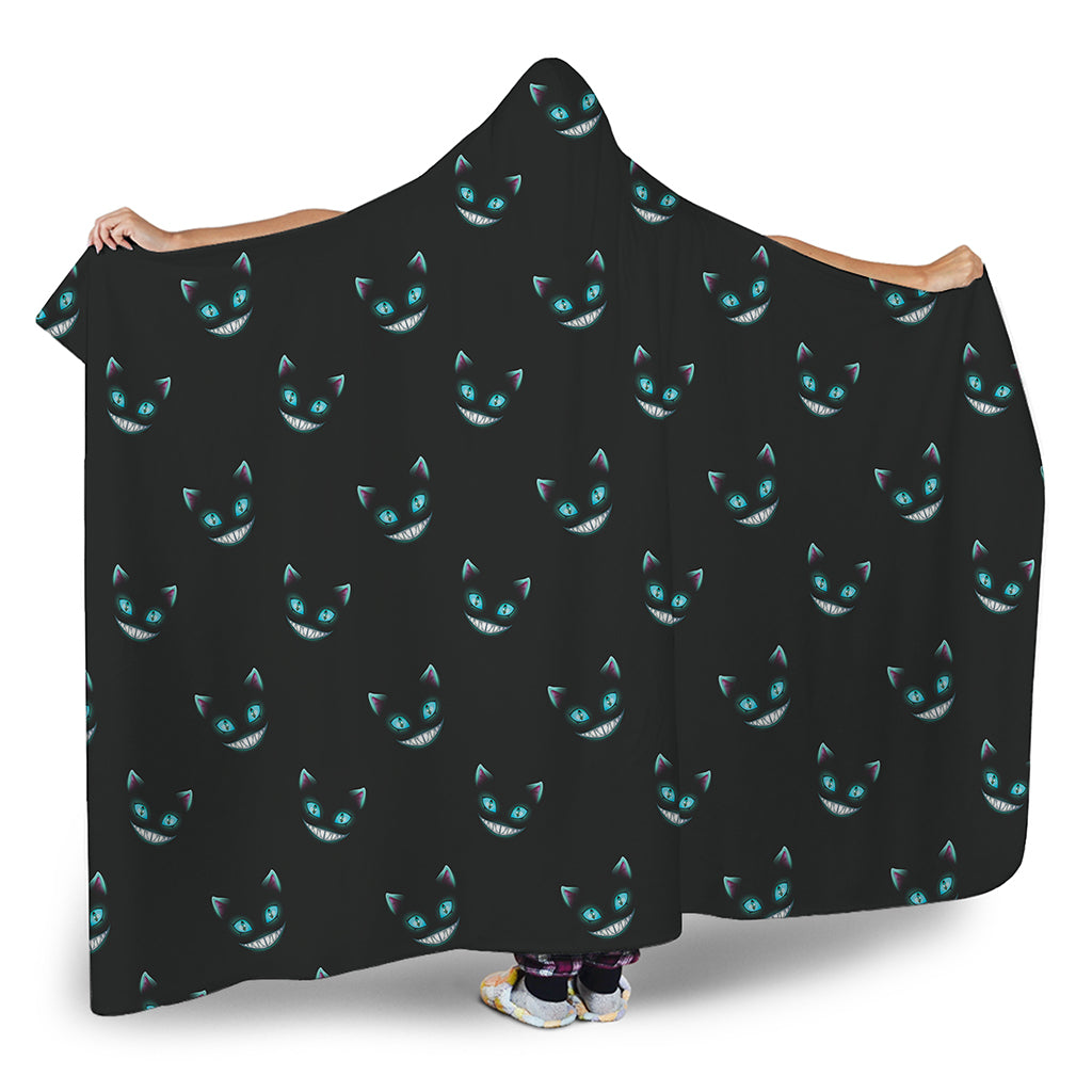 Black Cheshire Cat Pattern Print Hooded Blanket