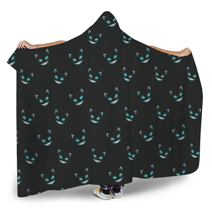 Black Cheshire Cat Pattern Print Hooded Blanket
