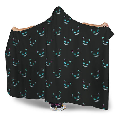 Black Cheshire Cat Pattern Print Hooded Blanket