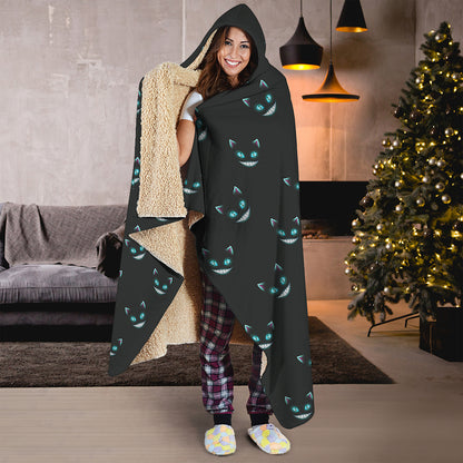 Black Cheshire Cat Pattern Print Hooded Blanket