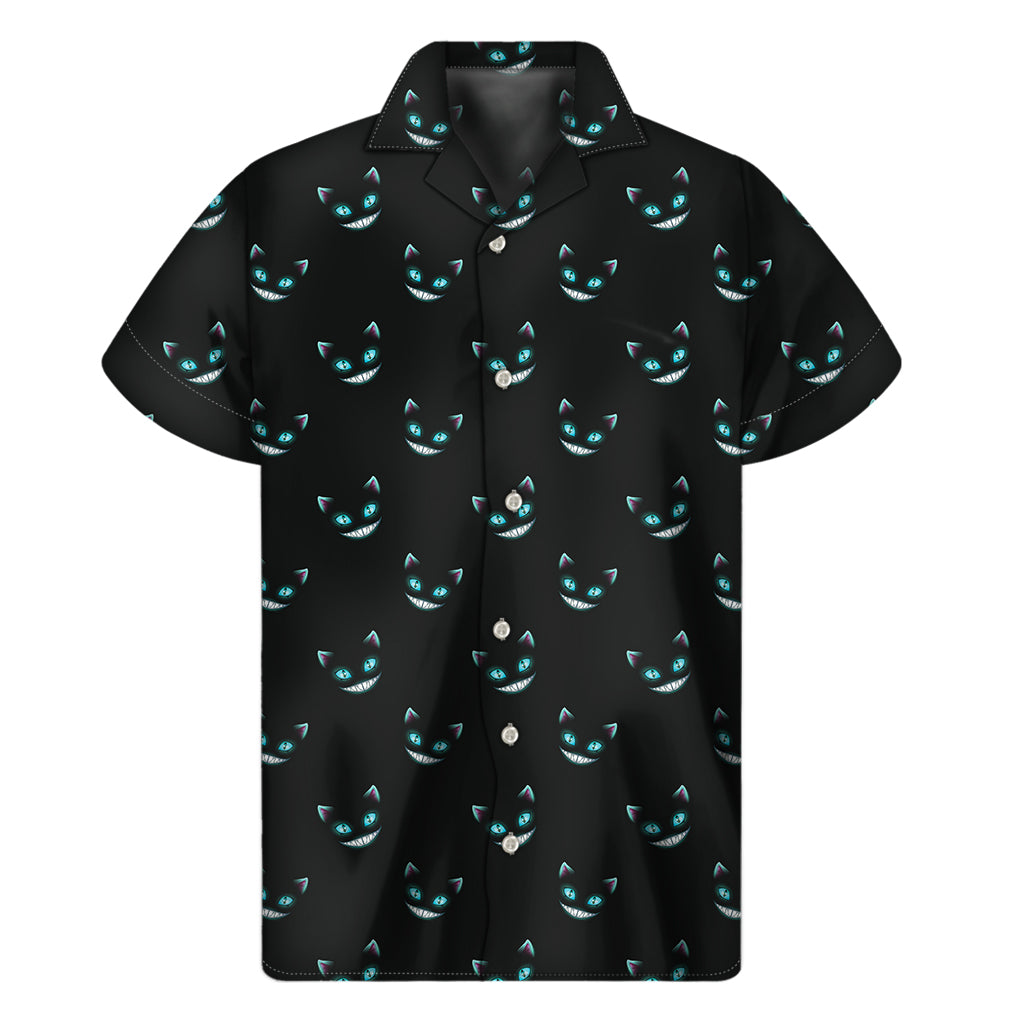 Black Cheshire Cat Pattern Print Men's Short Sleeve Shirt
