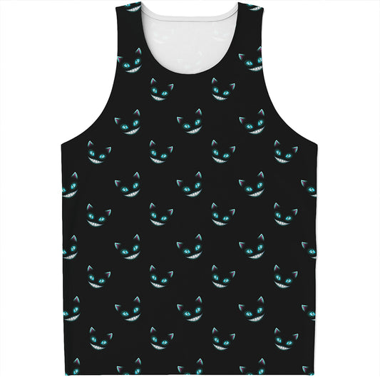 Black Cheshire Cat Pattern Print Men's Tank Top