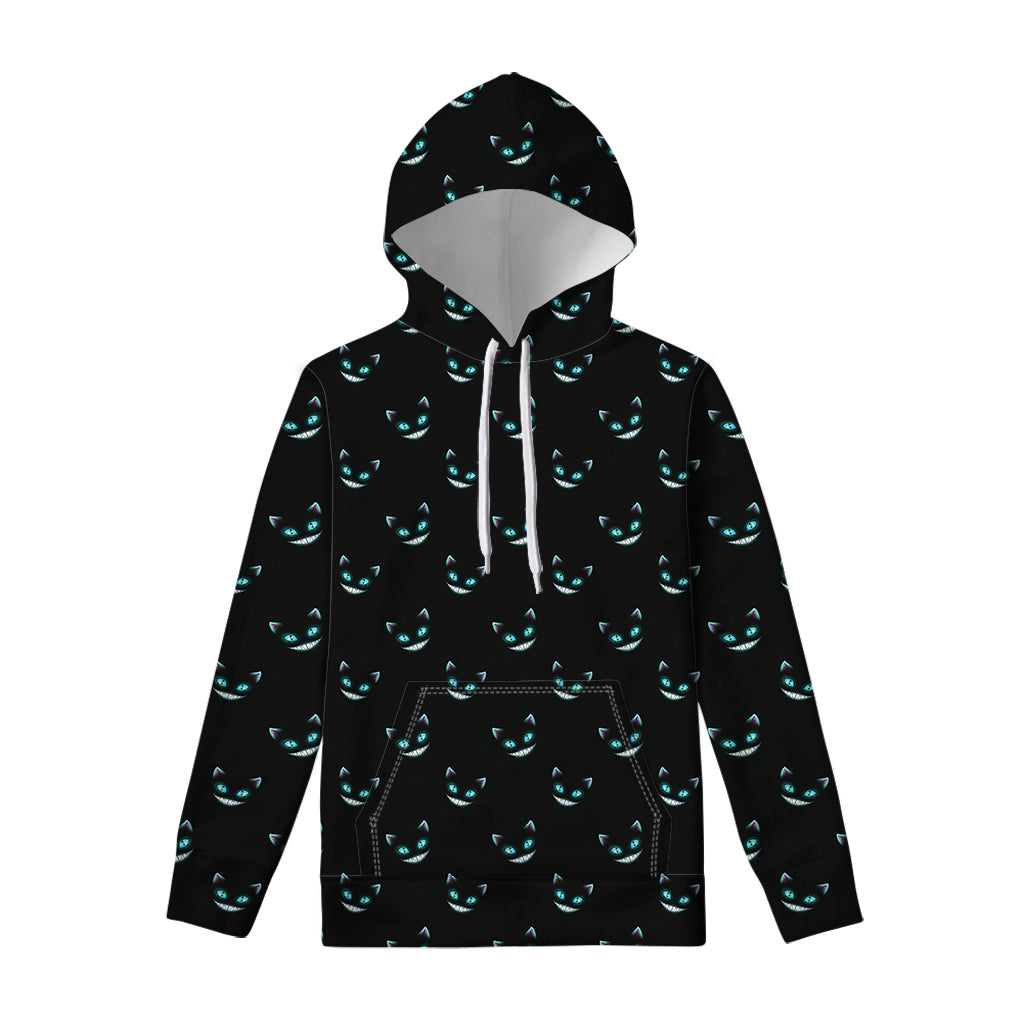Black Cheshire Cat Pattern Print Pullover Hoodie