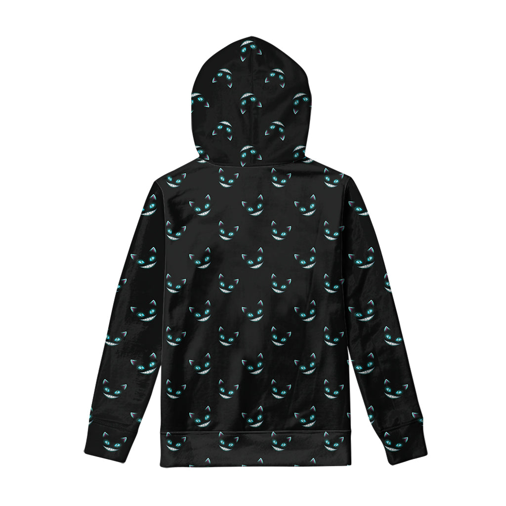 Black Cheshire Cat Pattern Print Pullover Hoodie
