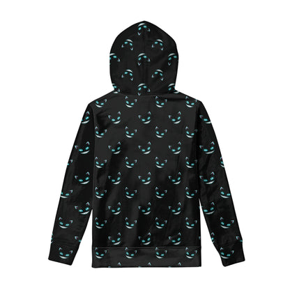 Black Cheshire Cat Pattern Print Pullover Hoodie