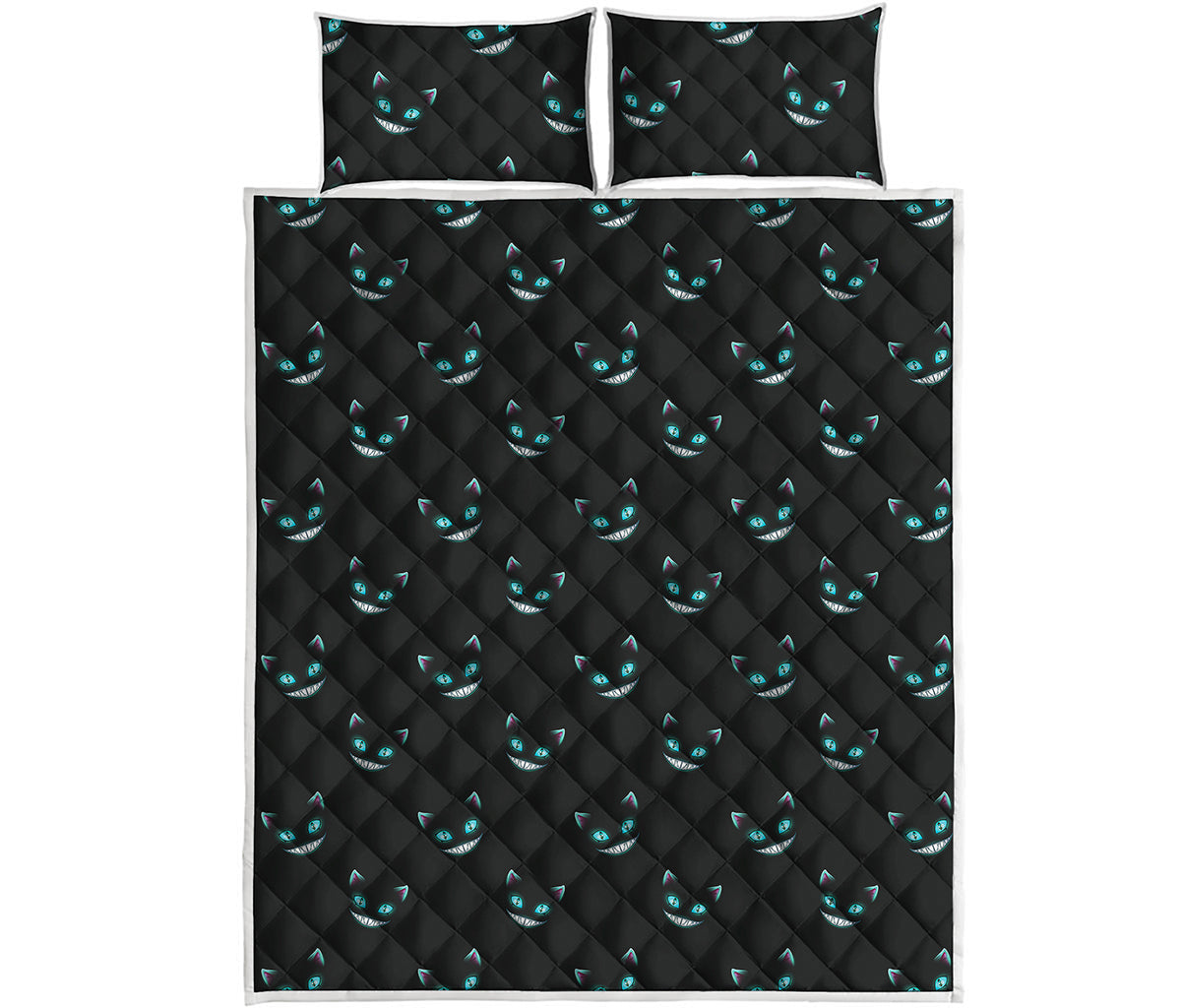 Black Cheshire Cat Pattern Print Quilt Bed Set