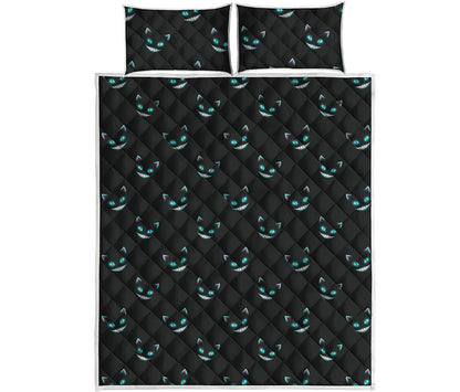 Black Cheshire Cat Pattern Print Quilt Bed Set
