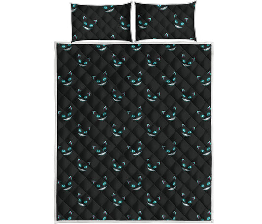 Black Cheshire Cat Pattern Print Quilt Bed Set