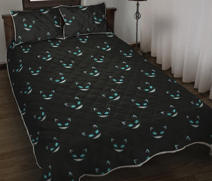 Black Cheshire Cat Pattern Print Quilt Bed Set