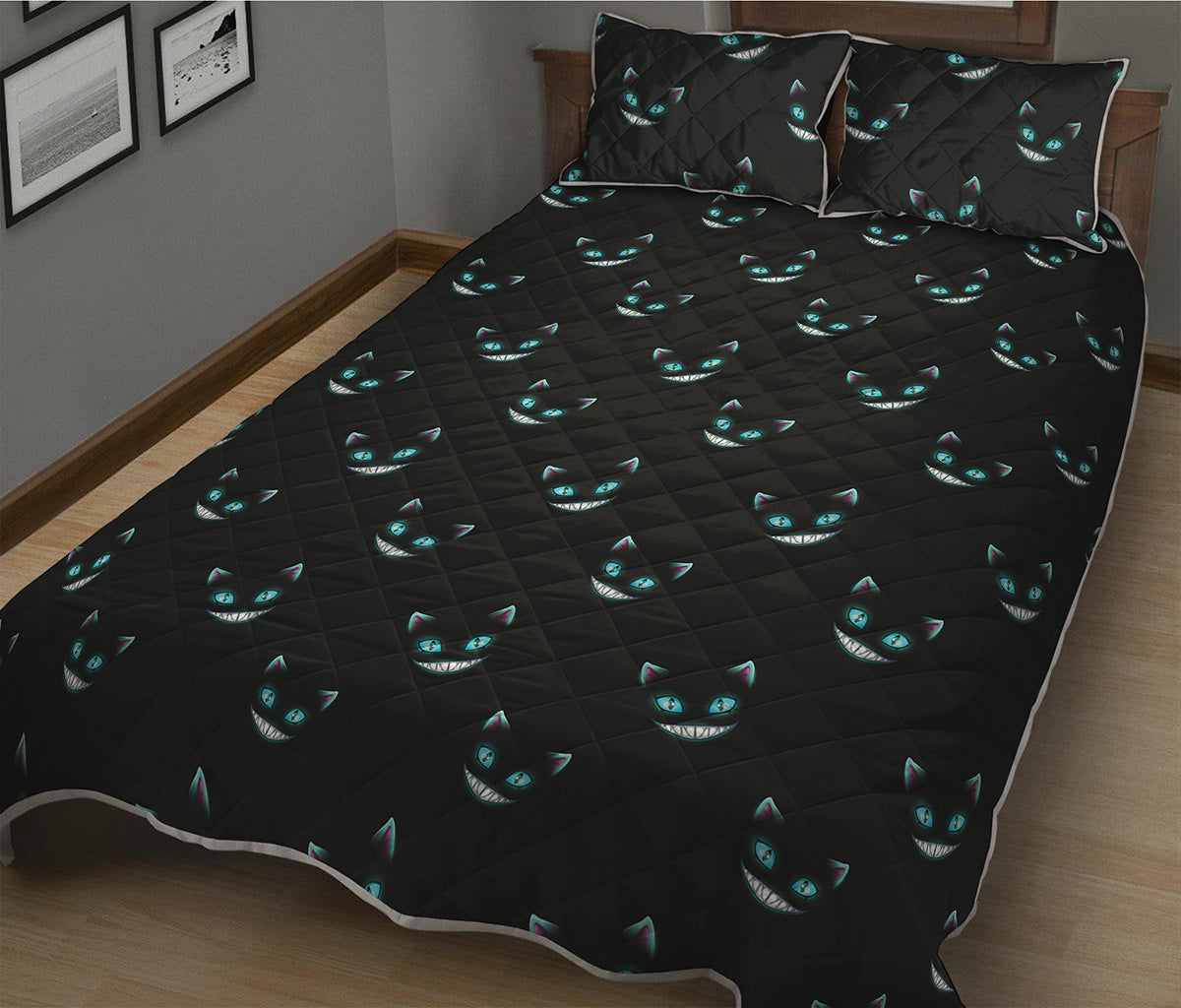 Black Cheshire Cat Pattern Print Quilt Bed Set