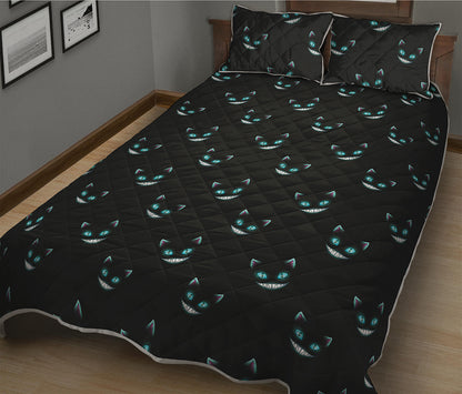 Black Cheshire Cat Pattern Print Quilt Bed Set