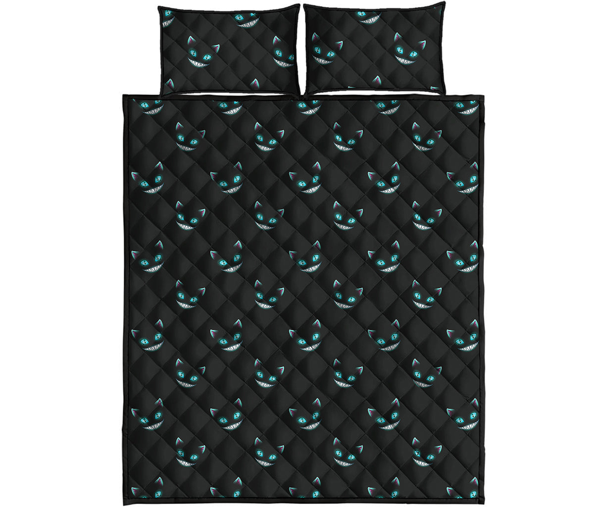 Black Cheshire Cat Pattern Print Quilt Bed Set
