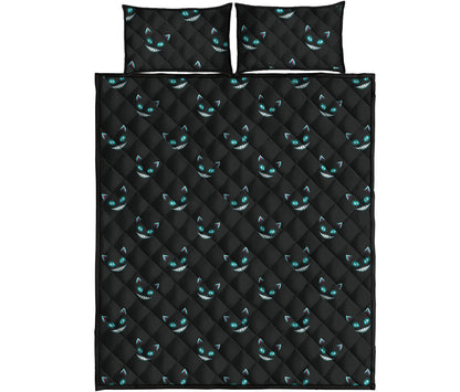 Black Cheshire Cat Pattern Print Quilt Bed Set