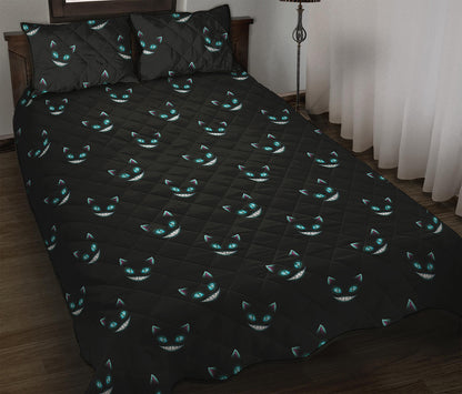 Black Cheshire Cat Pattern Print Quilt Bed Set