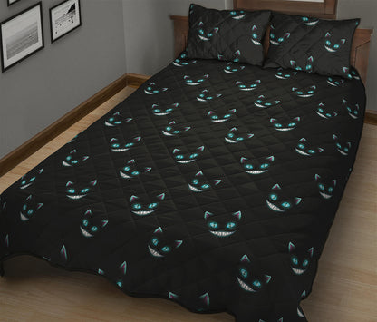 Black Cheshire Cat Pattern Print Quilt Bed Set