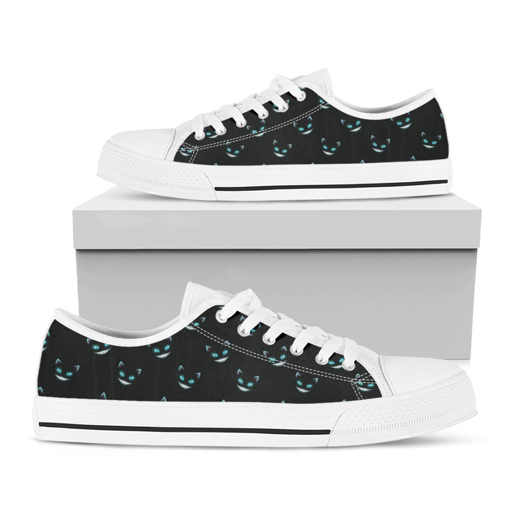Black Cheshire Cat Pattern Print White Low Top Shoes