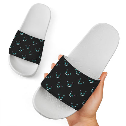 Black Cheshire Cat Pattern Print White Slide Sandals