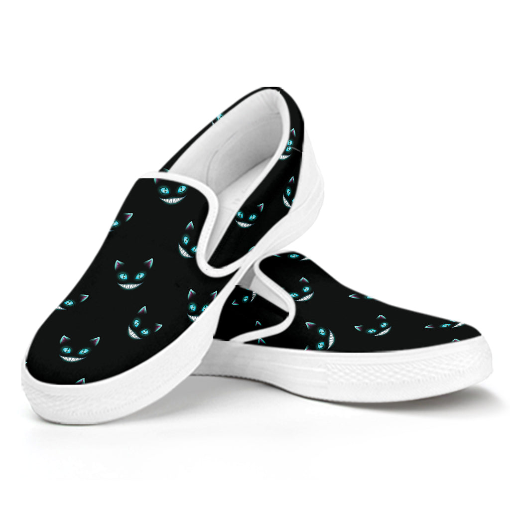 Black Cheshire Cat Pattern Print White Slip On Shoes
