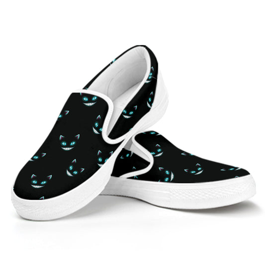 Black Cheshire Cat Pattern Print White Slip On Shoes