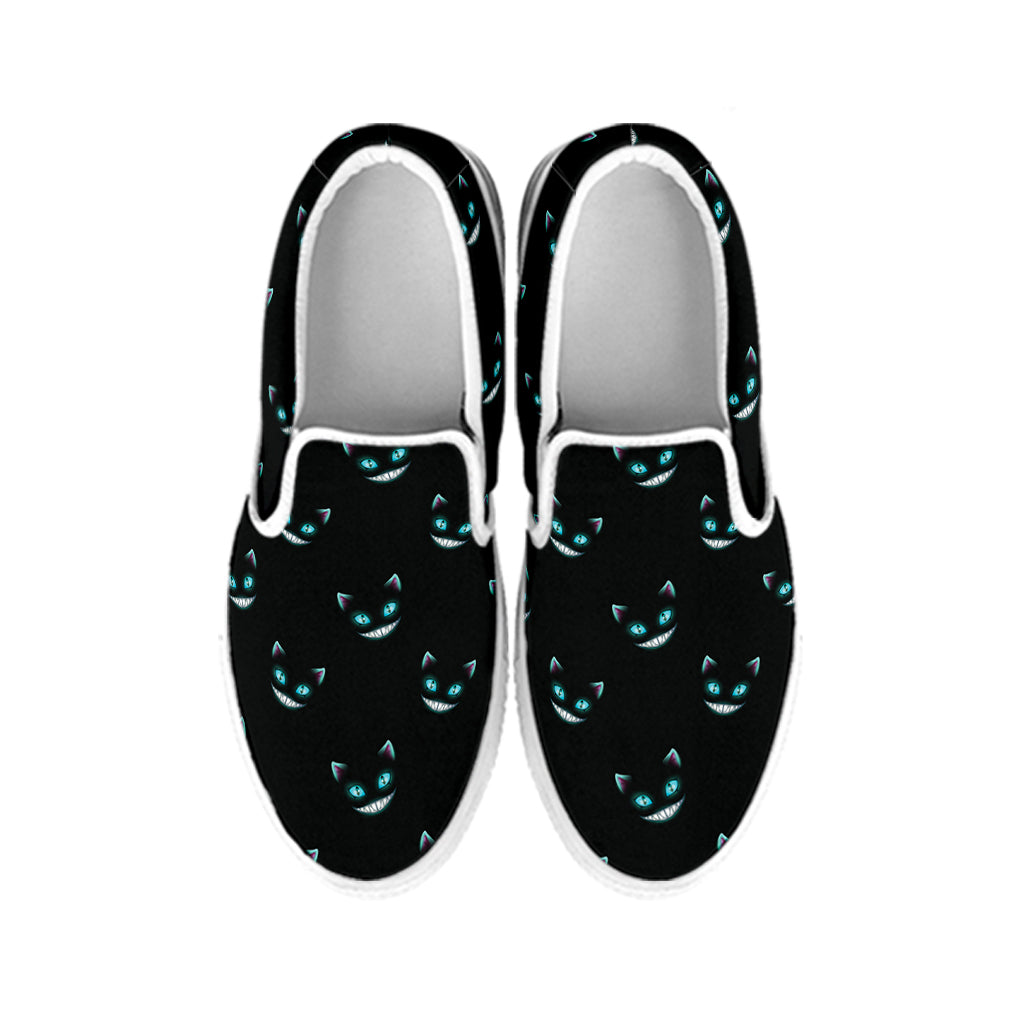 Black Cheshire Cat Pattern Print White Slip On Shoes