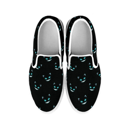 Black Cheshire Cat Pattern Print White Slip On Shoes