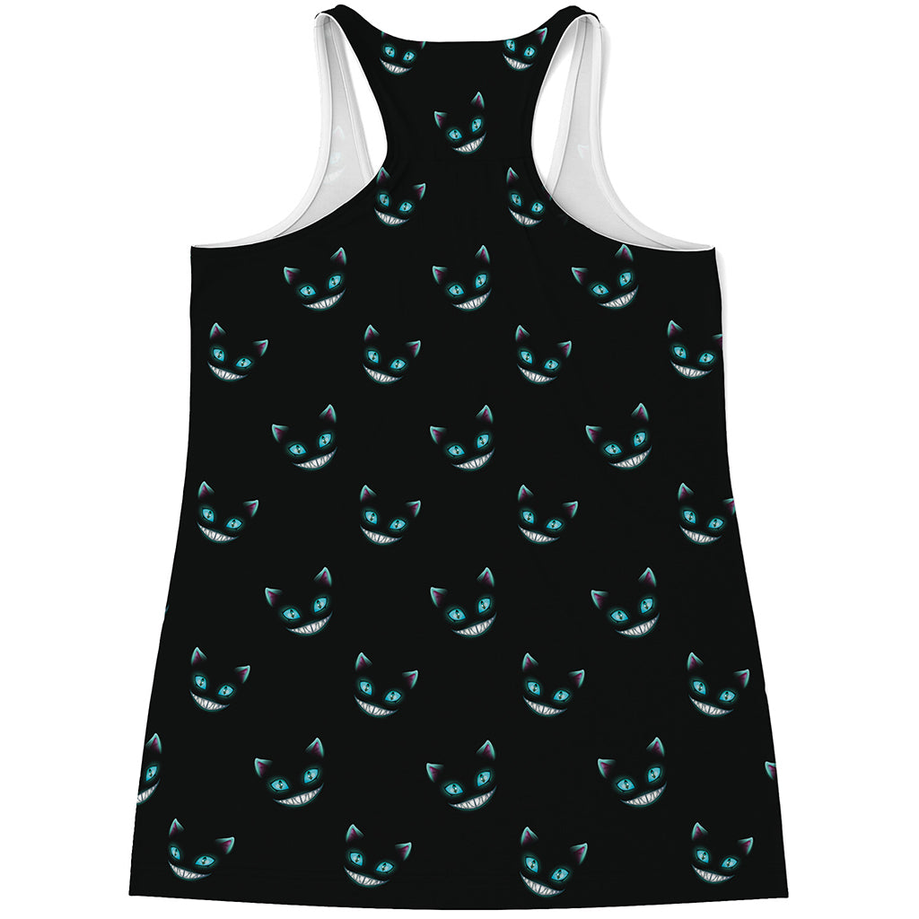 Black Cheshire Cat Pattern Print Women's Racerback Tank Top