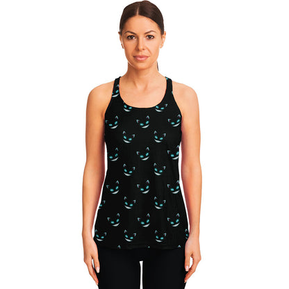Black Cheshire Cat Pattern Print Women's Racerback Tank Top