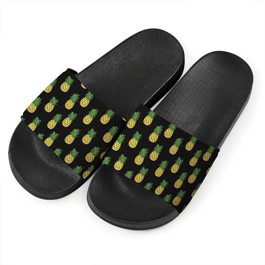 Black Cute Pineapple Pattern Print Black Slide Sandals