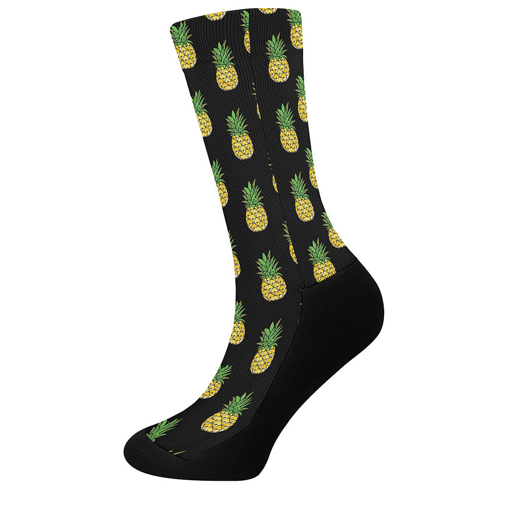 Black Cute Pineapple Pattern Print Crew Socks