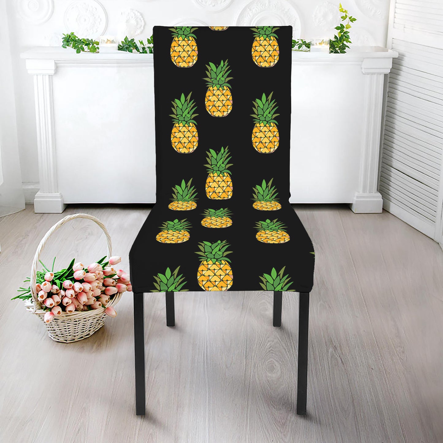 Black Cute Pineapple Pattern Print Dining Chair Slipcover