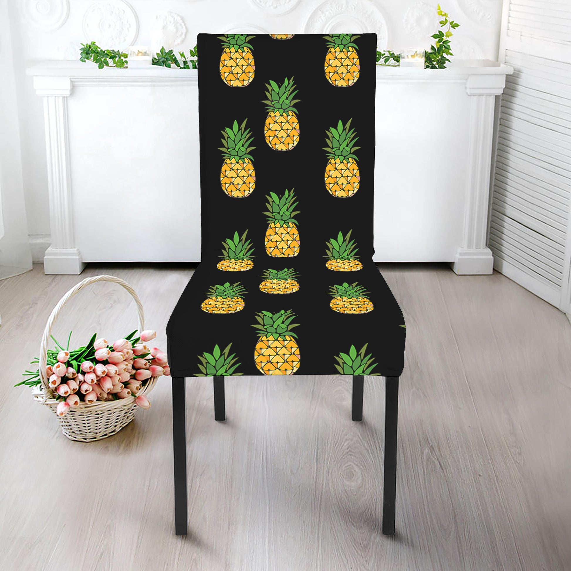 Black Cute Pineapple Pattern Print Dining Chair Slipcover