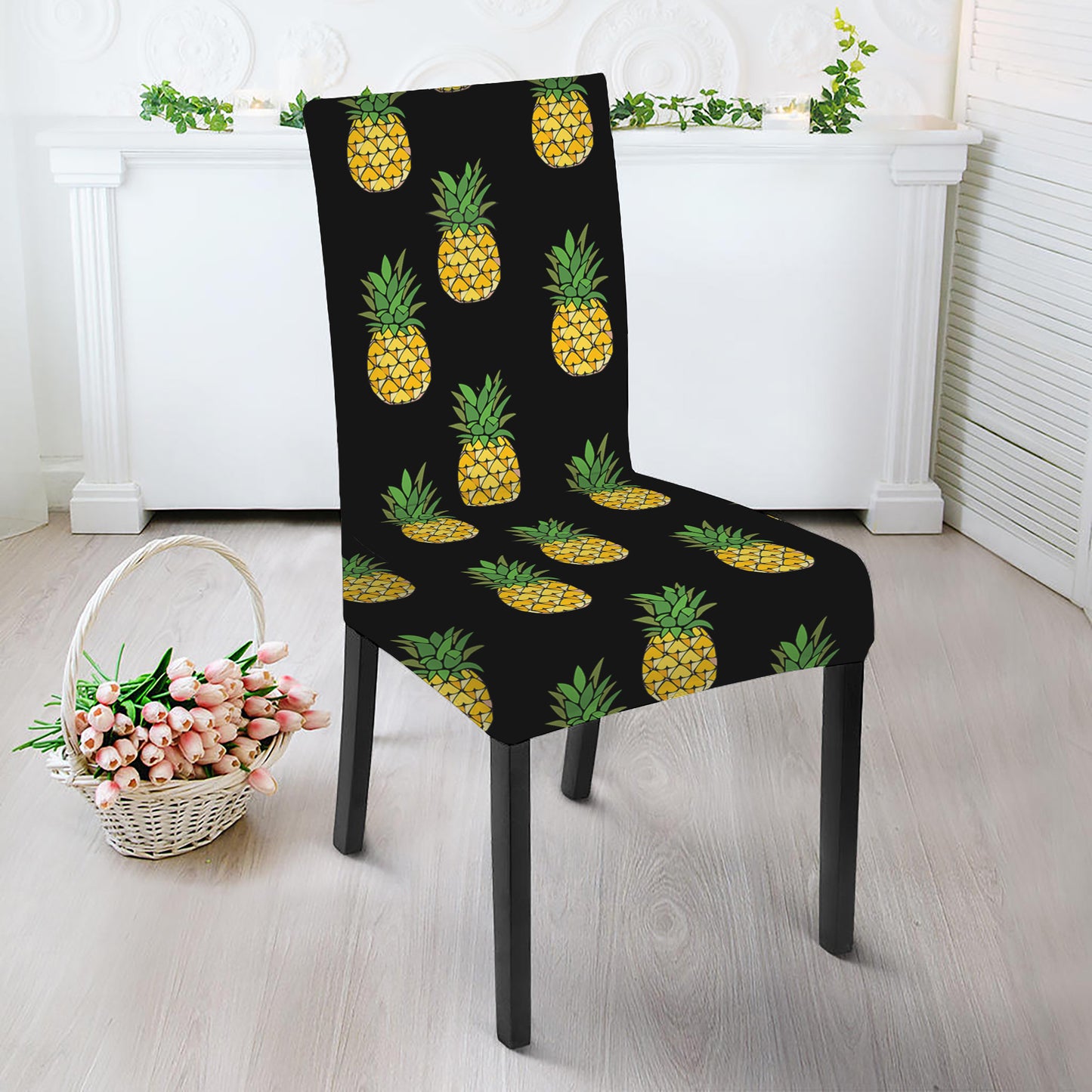 Black Cute Pineapple Pattern Print Dining Chair Slipcover