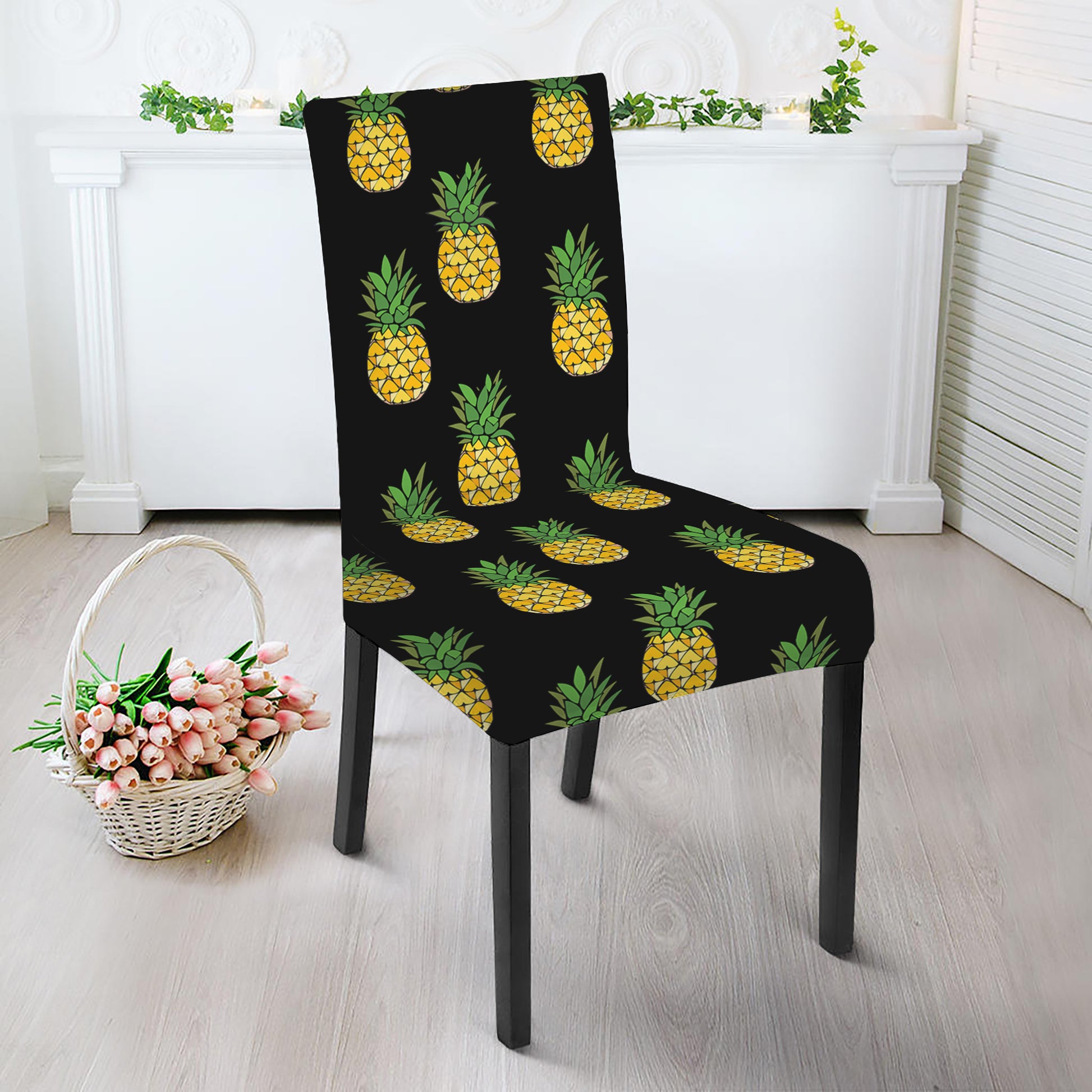 Black Cute Pineapple Pattern Print Dining Chair Slipcover