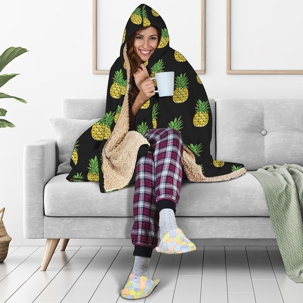 Black Cute Pineapple Pattern Print Hooded Blanket