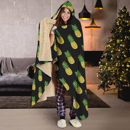 Black Cute Pineapple Pattern Print Hooded Blanket