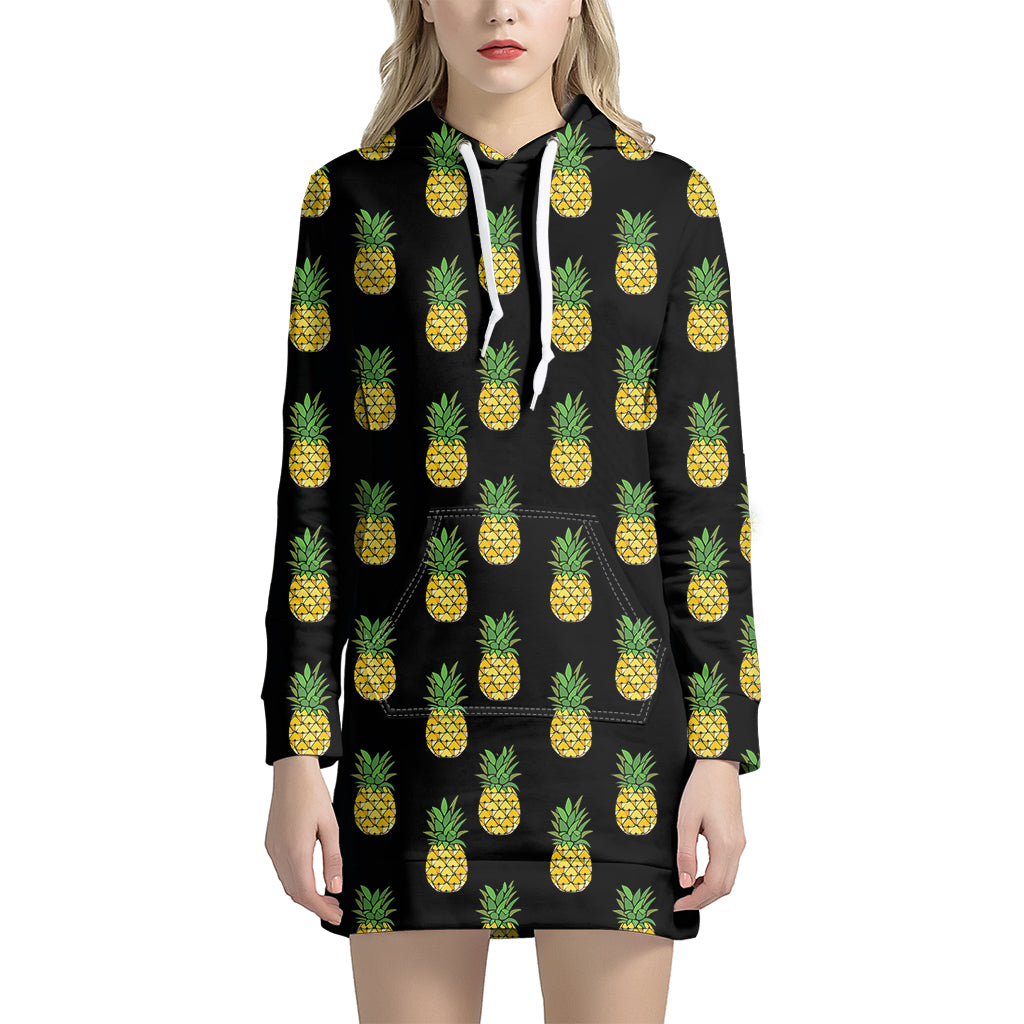 Black Cute Pineapple Pattern Print Hoodie Dress