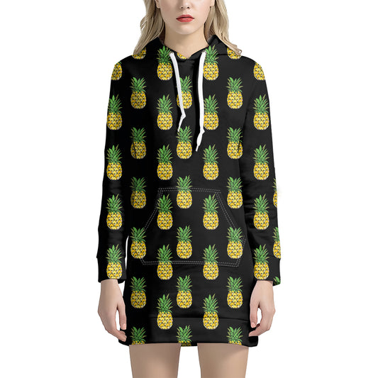 Black Cute Pineapple Pattern Print Hoodie Dress