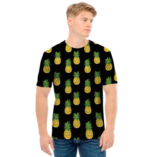 Black Cute Pineapple Pattern Print Men's T-Shirt