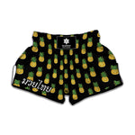 Black Cute Pineapple Pattern Print Muay Thai Boxing Shorts