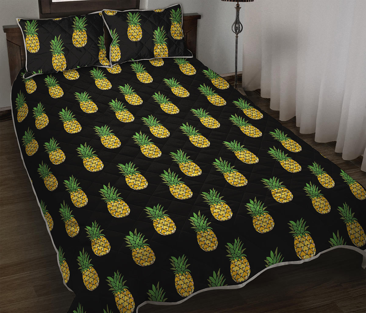 Black Cute Pineapple Pattern Print Quilt Bed Set