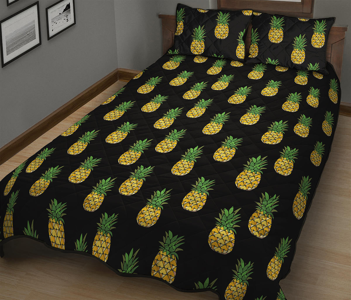 Black Cute Pineapple Pattern Print Quilt Bed Set