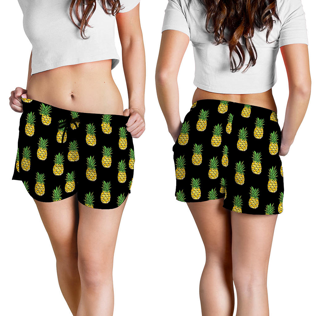 Black Cute Pineapple Pattern Print Women's Shorts