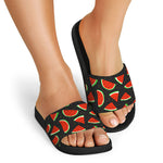 Black Cute Watermelon Pattern Print Black Slide Sandals